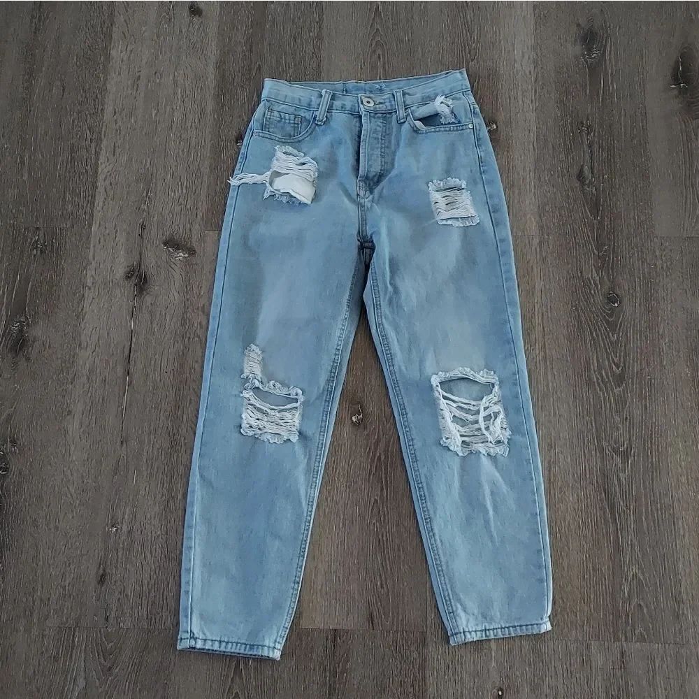 Blue Savvy Straight Leg Distressed Button Fly High Waist Jeans Size 5/27